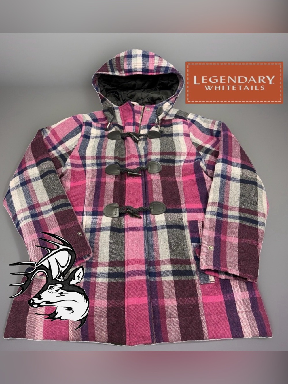 Legendary Whitetails Womens Hooded Plaid Toggle Zip Coat Pink Long Sleeve Size L